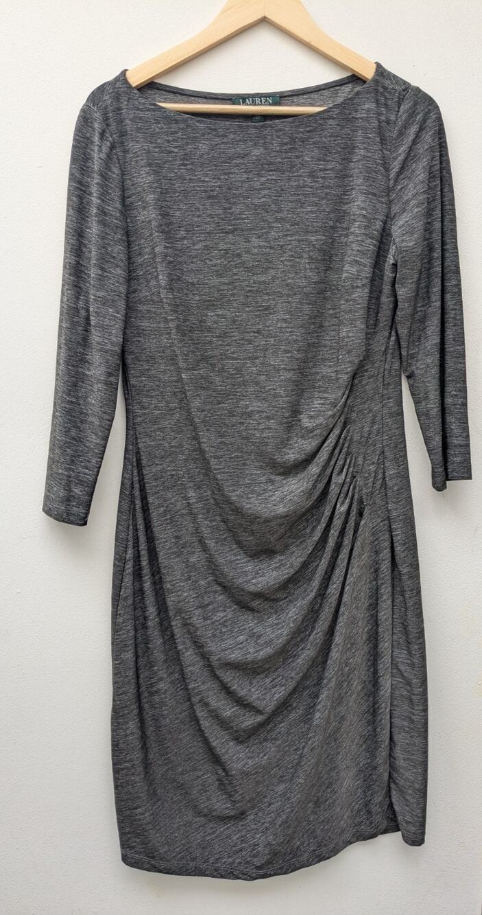 Lauren Ralph Lauren Heather Gray Midi Dress Ruched Women's Size 12 EUC